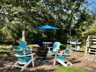 Fire pit, Adirondack chairs, patio table, chairs & umbrella with Grill