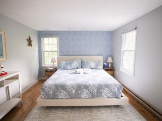 Master featuring a King Pottery Barn bed and Beautyrest Black label mattress